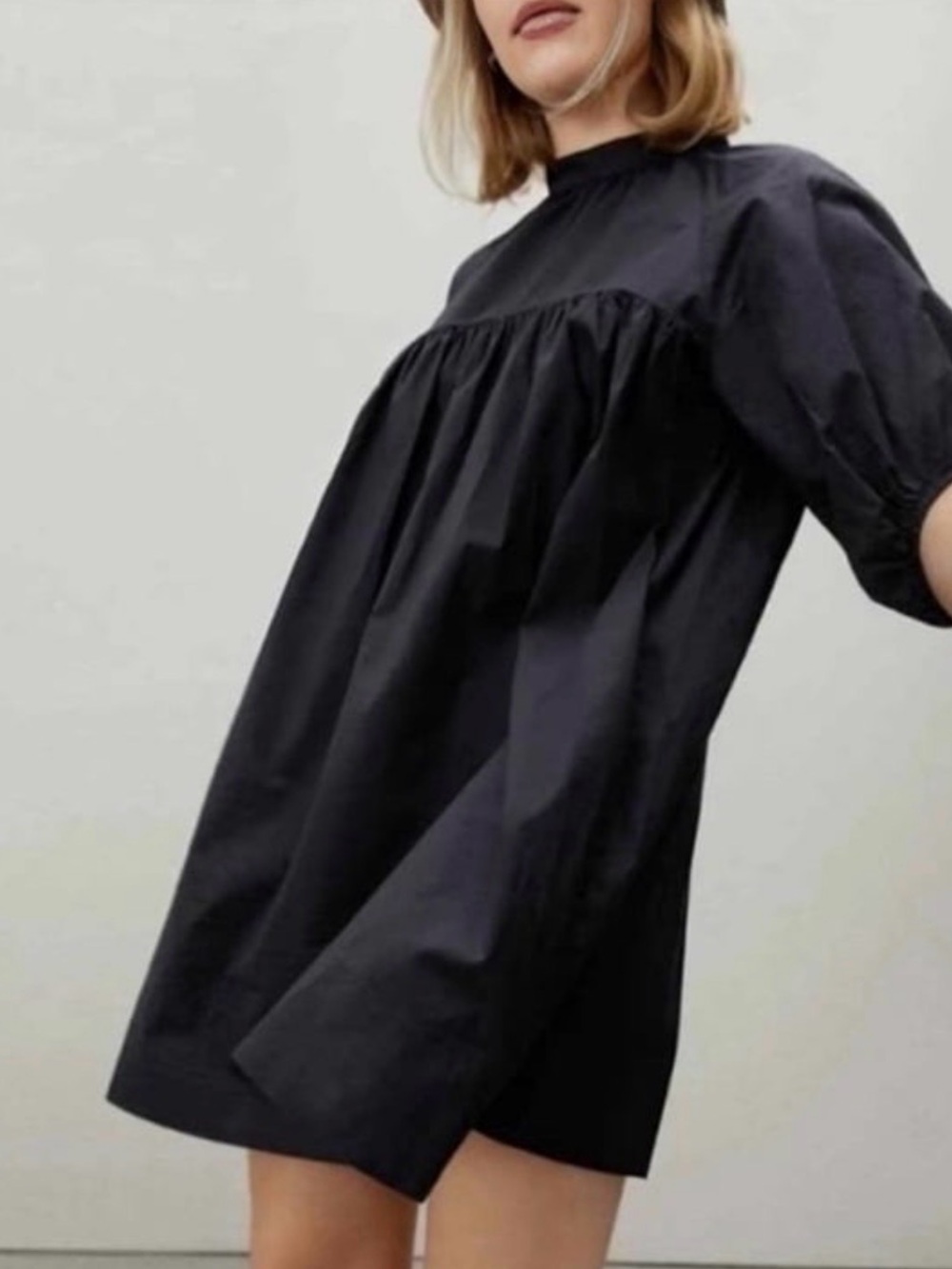 Everlane Shirred Mini Yoke Dress NWT Size XS Cotton Black 3/4 Sleeves Tunic